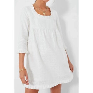 Tuckernuck Clara Mini Dress Jacquard White Coastal Ruffle 3/4 Sleeve Size Medium